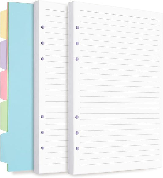 A5 Refill Paper for Planner Inserts, 6 Ring Loose Leaf Lined Paper With Binder Dividers, 240 Pages for Budget Planner Journals Notebook (White Paper)