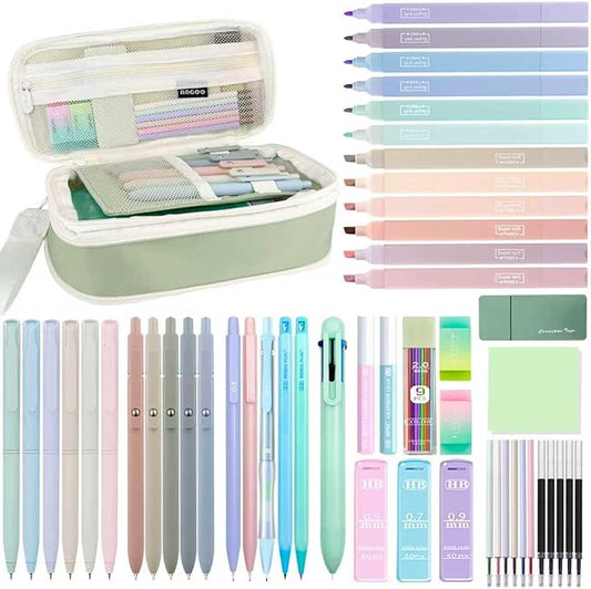 54PCS Aesthetic School Supplies with Large Pencil Case,12 Pastel Highlighters,5 Black & 6 Color Ink Gel Pens, 6-in-1 Ballpoint Pen,5 Mechanical Pencils 0.5-2.0mm Student Essentials (Green)