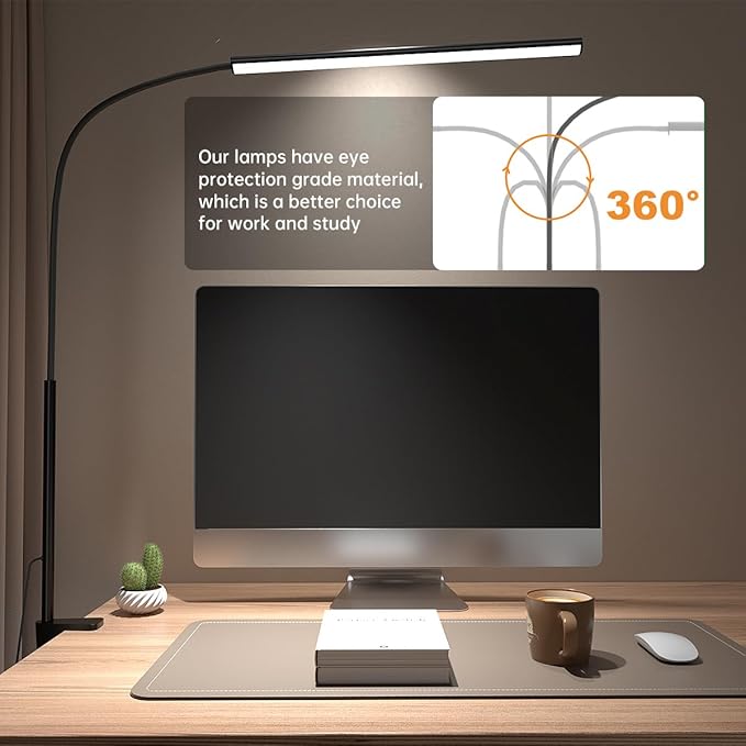 LED Desk Lamp with Clamp, Eye-Protection Clip on Desk Lamp, 5 Modes 10 Brightness Adjustment, 360°Flexible Gooseneck Lamp for Home Office, Lamps with USB Adapter,Black