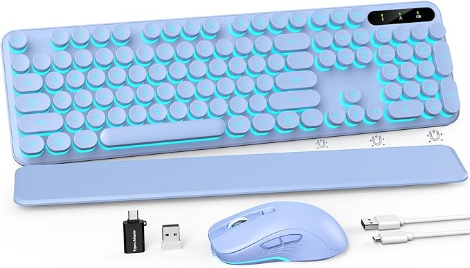 Wireless Keyboard and Mouse Combo, Backlit Round Keycaps, Retro Typewriter Keyboard with Detachable Wrist Rest, Rechargeable & Tilt Legs, 2.4GHz Cordless Connection for Mac/Windows/PC (Glowing Purple)