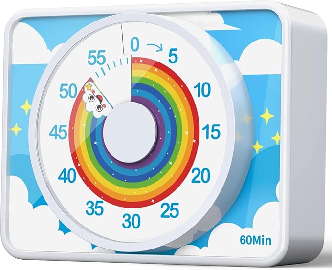 VOCOO Kids Visual Timer for Classroom - 60-Minute Countdown for Kitchen Cooking Office, Strong Magnet, Silent Time Management Tool, 2 AAA Batteries Included, Cute Rainbow Pattern (White)