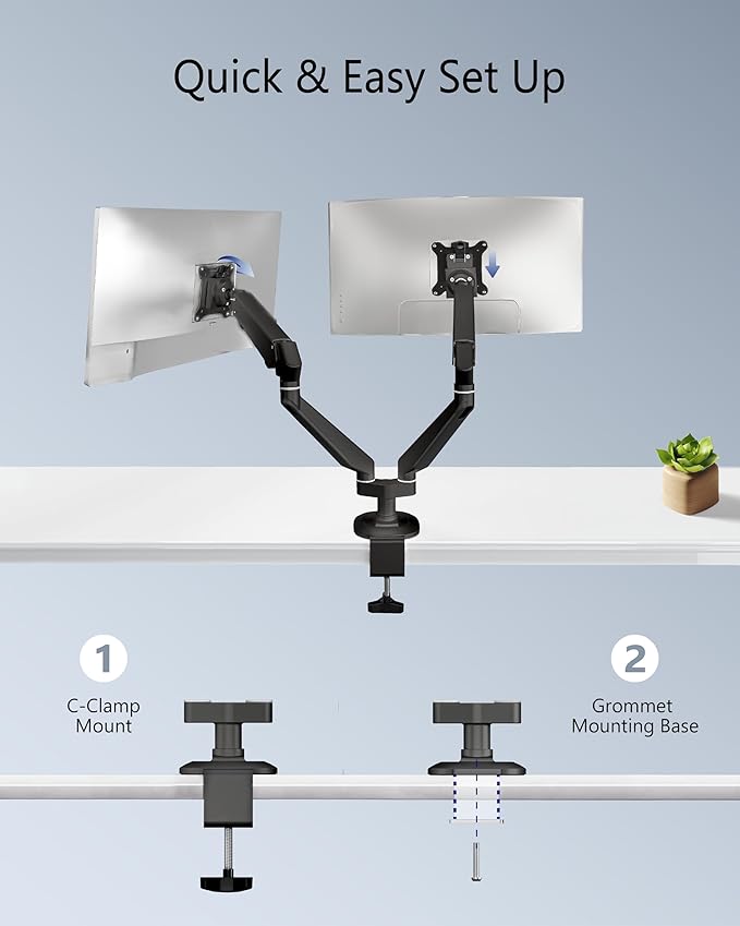 Dual Monitor Mount for 2 Screens up to 32 Inch and 19.8 lbs, Fully Adjustable Gas Spring Monitor Arm Desk Mount, Vesa Monitor Mount with C Clamp, Grommet Base, Aluminum, Black