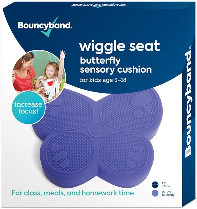 Shaped Wiggle Seats by Bouncyband–Purple Butterfly, 13”x11”x2.2”–Inflatable Sensory Cushion for Kids, Improves Student Productivity and Focus, Comes with Easy-Inflation Pump to Customize Firmness