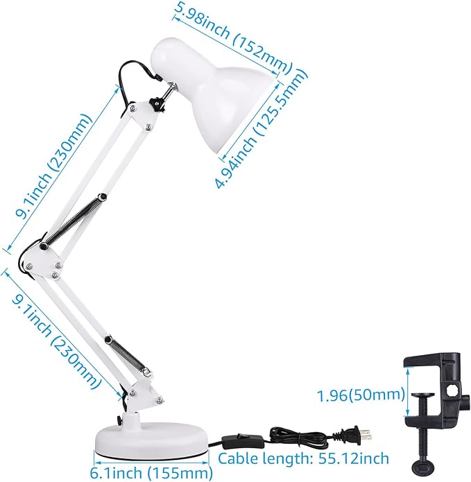 TORCHSTAR Metal Desk Lamp with Clamp, Swing Arm, Architect Adjustable Gooseneck Table Lamp, Clip Desk Lights for Home Office, Work, Study, Reading, E26 Base, Multi-Joint, White