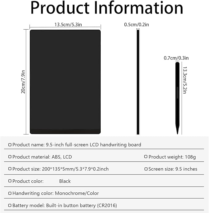 LCD Writing Tablet, 9.5in Erasable Reusable Electronic Drawing Pads, Electronic scratchpad for Kids and Adults, to-Do List Table with Magnetic.