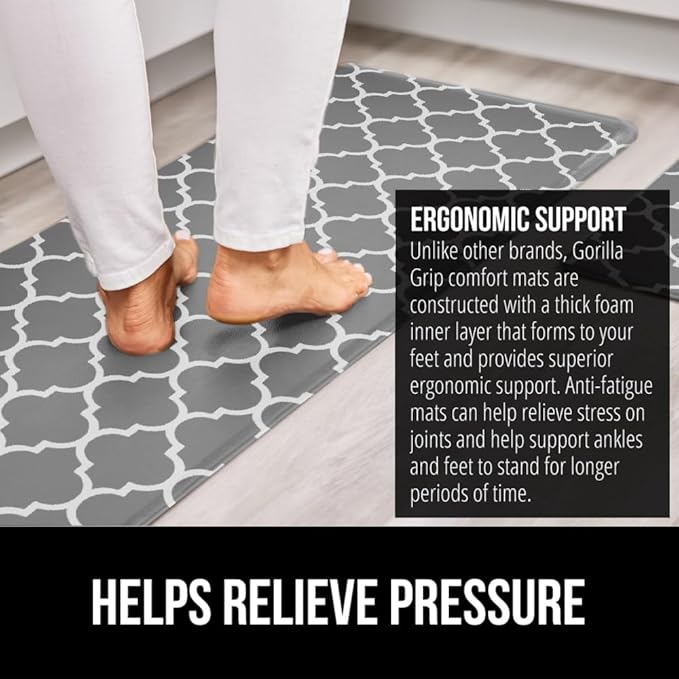 GORILLA GRIP 2 Pack Comfortable Cushioned Kitchen Mats for Floor, 17x24 + 17x48, Waterproof and Stain Resistant, 1/2 Inch Thick Ergonomic Standing Desk Anti Fatigue Mat, Foam Supports Feet, Grey White