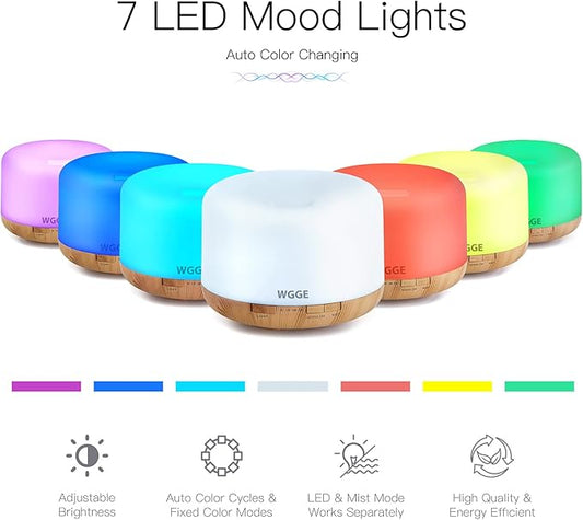 WGGE Essential Oil Diffuser, 500ml Premium Ultrasonic Vaporizer Aromatherapy Diffuser with 7 Color Changing, Timer, and Waterless Auto-Off with Remote Control.