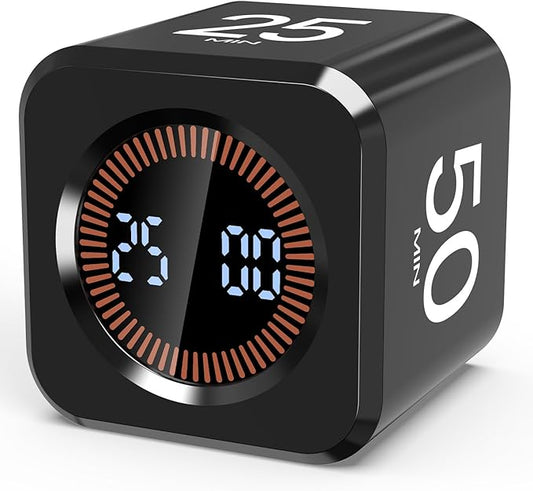 Pomodoro Timer Cube Visual Productivity Flip Timer for Kids Classroom Desk, 5/10/25/50min& Custom Countdown, Silent&Sound Mode Digital Cube for ADHD Study Work School Game Kitchen (Black)