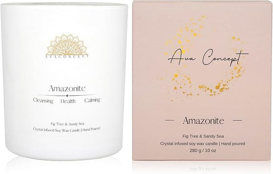 Crystal Candles Scented - Fig Tree Sandy Sea Aromatherapy Candle with Amazonite for Women - Soy Candles for Meditation Home Decor - 10 oz
