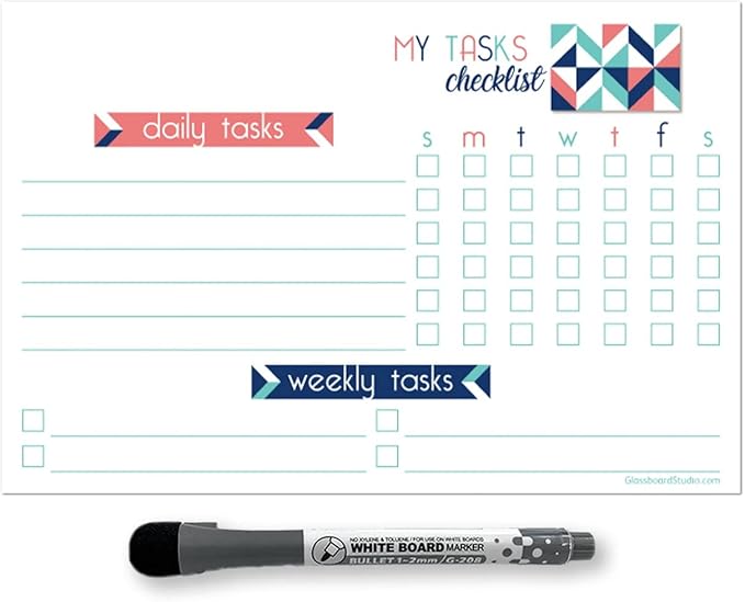 Dry Erase Whiteboard Task Planner | Removeable and Restickable Adhesive Decal | Fine-Tip Magnetic Marker Included (6 x 9 inches, Geometric)