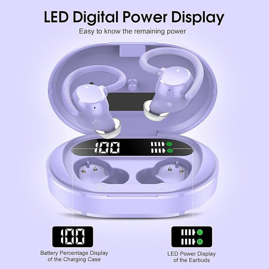 Wireless Earbuds, 2023 New Ultralight Sport Bluetooth 5.3 Headphones In Ear with LED Display, Built-in Mic Earphones, IPX7 Waterproof Wireless Headphones with Earhooks for Gym Workout (Purple)