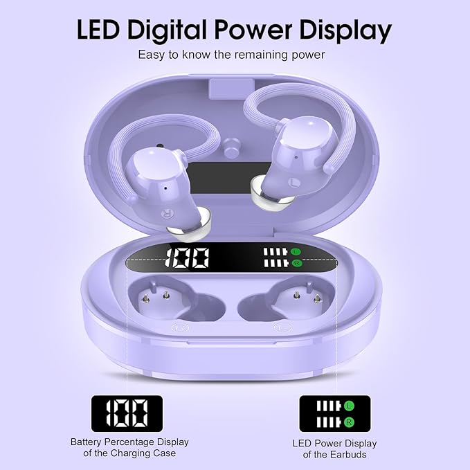 Wireless Earbuds, 2023 New Ultralight Sport Bluetooth 5.3 Headphones In Ear with LED Display, Built-in Mic Earphones, IPX7 Waterproof Wireless Headphones with Earhooks for Gym Workout (Purple)