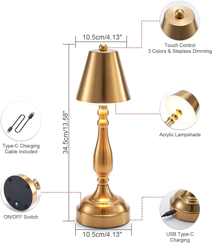 UMEXUS Small LED Cordless Table Lamp, Battery Operated Rechargeable Lamp for Restaurant Dinner, Portable 3-Way Dimmable Touch Light Vintage Metal Night Light for Bar Dining Room Bedside Patio Outdoor