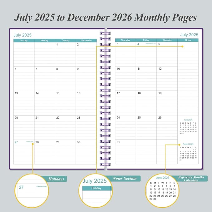 2025-2026 Planner - 18 Months Weekly & Monthly Planner from July 2025 - December 2026, Spiral Planner 2025-2026 with Elastic Closure, Inner Pocket, Medium 5.8" x 8.3", Purple