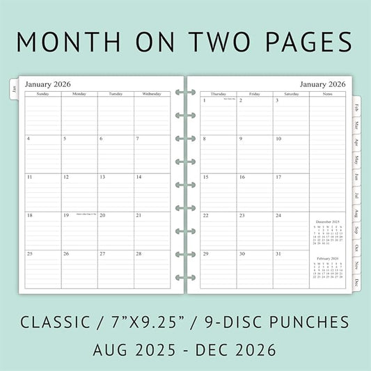 newestor 2025-2026 Planner Refills for Happy Planner Classic Size, Monthly Pages, Aug 2025 - Dec 2026, 9-Disc Punched, 7" x 9-1/4"