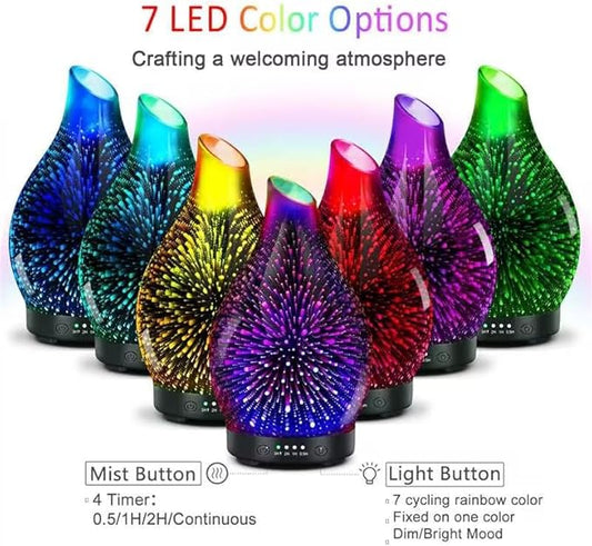 Essential Oil Diffuser 120ML -3D Firework Glass Aromatherapy Diffusers for Essential Oils with 4 Timer Setting Waterless Auto Shut-Off Silent Operation 7 Colors Lights Changing for Room, Office, Yoga