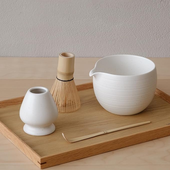 WENSHUO Matcha Whisk Set, Ceramic Matcha Bowl & Whisk Holder, Bamboo Accessory, Modern Design (Matte White, Pouring Spout)
