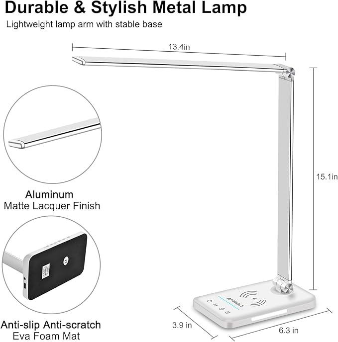 AFROG Multifunctional LED Desk Lamp with Wireless Charger, USB Charging Port, 5 Lighting Modes,5 Brightness Levels, Sensitive Control, 30/62 min Auto Timer, Eye-Caring Office Lamp with Adapter