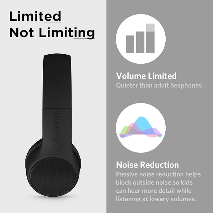 LilGadgets Connect+ Style On-Ear Kids Headphones with Microphone - SharePort Technology, SoftTouch Padding, Detachable Cable, Noise Reduction, Durable & Adjustable - Black - Wired Headphones with Mic