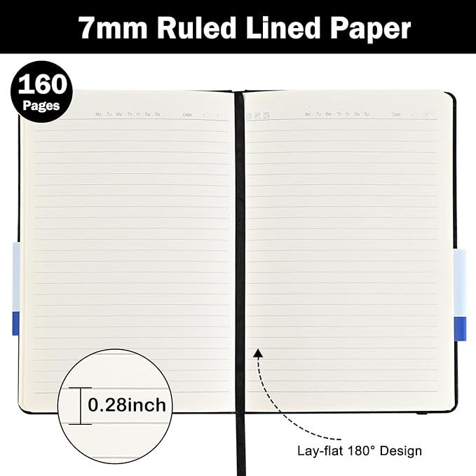 Lined Journal Notebooks, 4 Pack 160 Pages, 5.5x 8.2-Inch Journals for Women Men, Hardcover Notebook with 100 gsm Thick Paper, A5 Size College Ruled Notebook for Writing/Travel/Work (Black)
