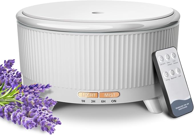 500ML Large Capacity Essential Oil Diffuser, Ultrasonic Aromatherapy Diffuser with 7 Color LED Lights with Remote Control, Cool Mist Humidifier, Timed Mist, Auto Shut-Off (Minimalist White)