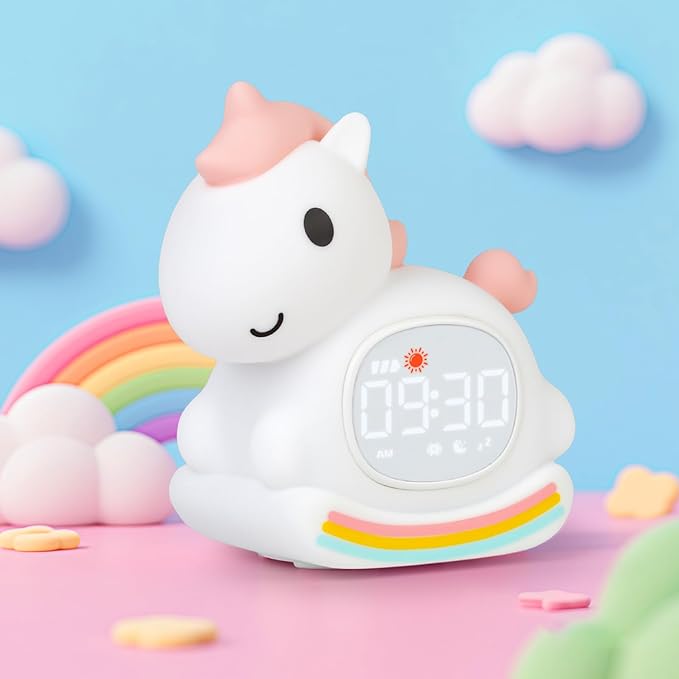 Alarm Clock with Night Light for Kids with Sleep Training and Sound Machine, Rechargeable Silicone Lamp OK to Wake Clock,Cute Animal Tabletop Lamp, Perfect Sleep Companion for Boys Girls,Pink Pony