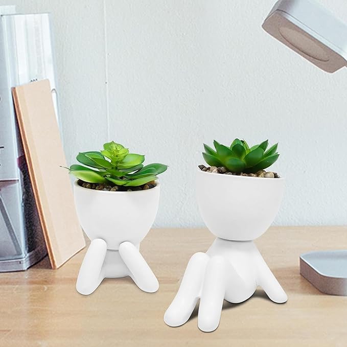 Zerzsy 2 PCS Small Fake Plants with Human-Shaped Pots Funny Room Decor Faux Plants Cute Desk Decor Fake Succulents Mini Plant Bathroom Decorations (Ceramic White)