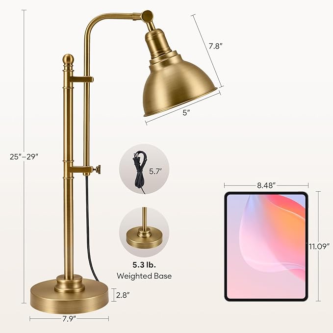 VONLUCE Rustic Desk Lamp Gold Adjustable, Industrial Style Metal Task Lamps 25"-29", Vintage Work Light, Farmhouse Reading Lamp in Brushed Gold Finish, ETL Certificate