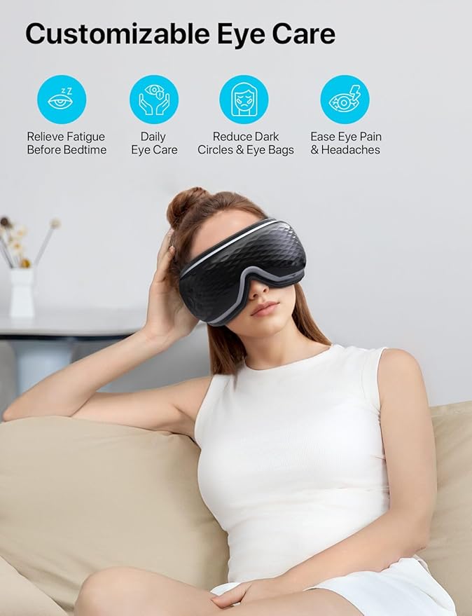 ALLJOY Eye Massager with Heat, Compression, Bluetooth, Heated Eye Mask with Music, Relieve Fatigue, Improve Sleep, Reduce Stye Eyes, Gifts for Dad, Friends and Mom(Black)