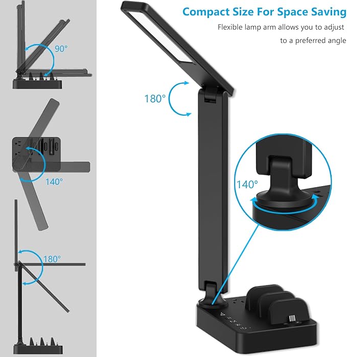 Drevet LED Desk Lamp with Charging Station, Desk Light with 3 USB C Chargers and 2 AC Power Outlets, 3 Lighting Mode, 3 Level Brightness,1H Timer, Touch Control, Eye-Caring Home Office Foldable Lamp