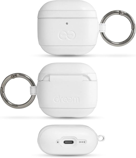 Dreem Om Case Cover with Keychain Clip Compatible with AirPods 4 for Apple AirPods 4th Generation, Vegan Leather AirPod Case for Men & Women, Luxury Earbuds Accessory for iPhone - White