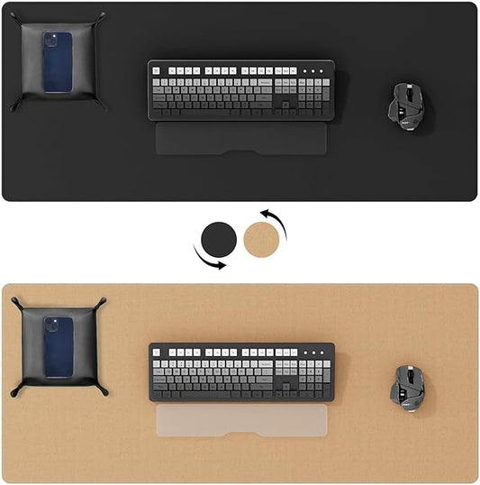 DAWNTREES Dual Sided Desk Mat,Leather Desk Pad,Black 35.5"x17",Cork Desk Mat Protector,with PU Leather Valet Tray Organizer,Large Mouse Pad,Desk Writing Pad for Office and Home