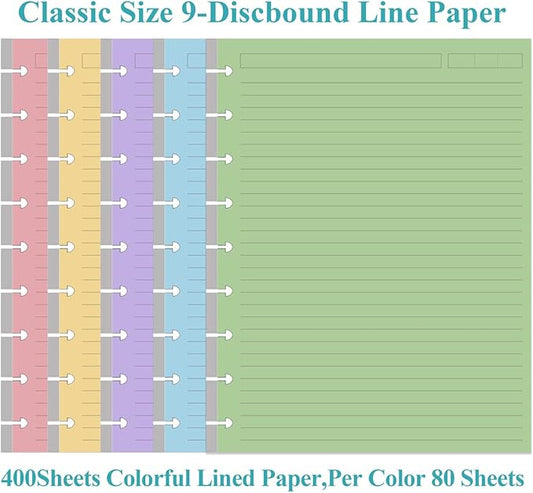(4-Pack) 9-Disc Discbound 5 Colorful Line Paper Pre-punched Happy Planners Inserts, 400Sheets/800Pages Classic Size Line Loose-Leaf Paper, Per Color 80 Sheets, 7" x 9.25"