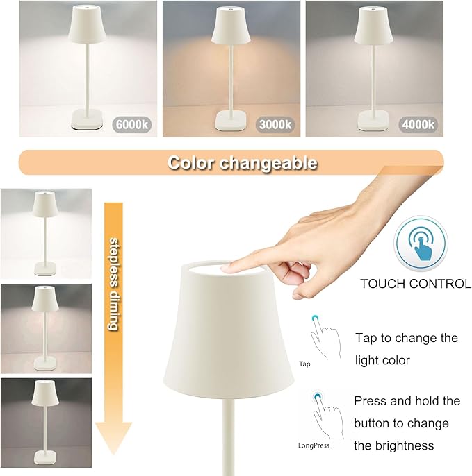 Cordless Table Lamp: Portable LED Desk Lamp: 5400mAh Rechargeable Battery Operated Lamp: 3 Color Stepless Dimming Outdoor Touch Lamp Bedside Table Lamps for Living Room Bedroom Home Office