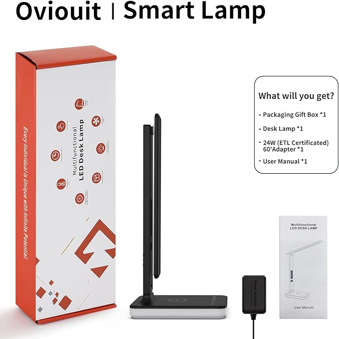 LED Desk Lamp with Wireless Charger, USB Charging Port, Reading Lamp Desk Light with 5 Brightness, 3 Colors, Table Lamp with Clock, Alarm, Date, Temperature, Desk Lamp for Home Office Study (Black)