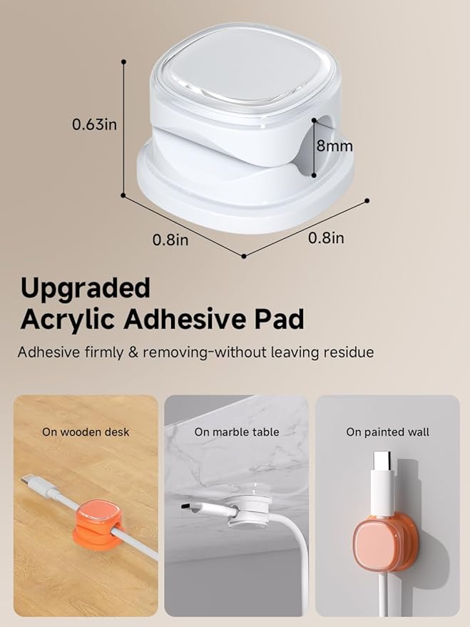 9 Pack Cord Organizer, Spring Cable Management, Adhesive Cute Cable Holder Clips, Phone Charger Wire Keeper for Desk Nightstand Car Office (9-Pack White_Orange)