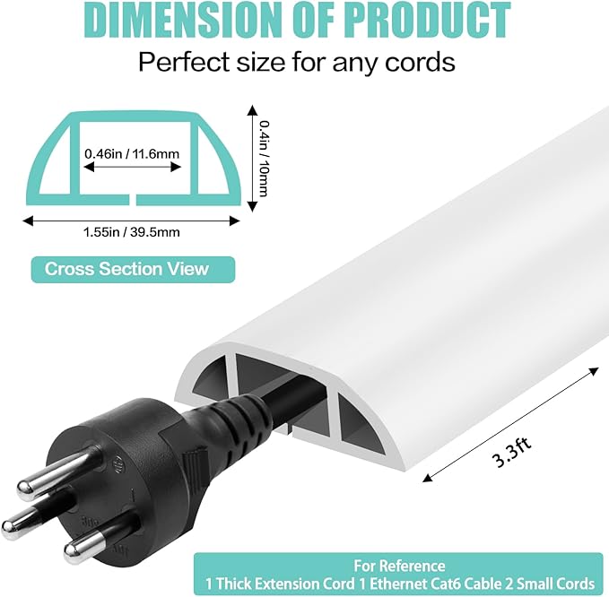 Floor Cord Cover Self Adhesive Cord Hider,3.3FT Cable Management, Extension Strip Protector for Wires, Prevent Cable Trips for Offices, Gyms, Exhibitions Cavity:0.51"(W) x 0.3"(H) White