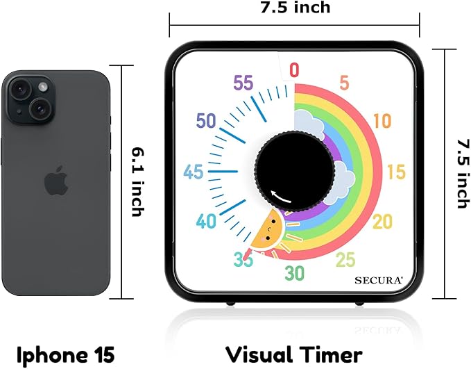 Secura 60-Minute Visual Timer, 7.5 Inch Magnetic Rainbow Countdown Timer for Classroom or Kitchen, Durable Mechanical Timer Clock with Magnetic Backing (Black & Sun)
