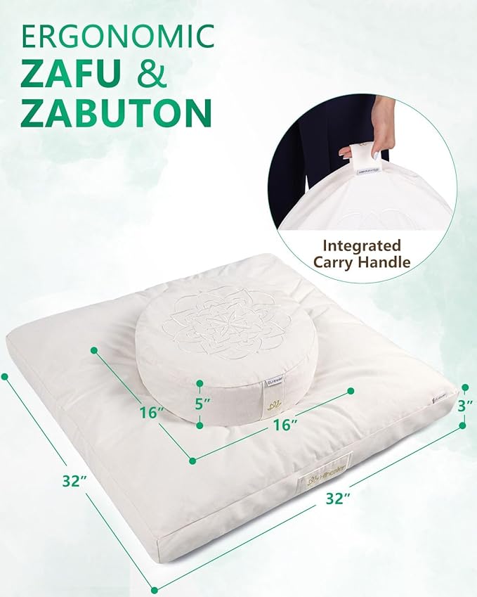 Hihealer Meditation Cushion Set Large Cotton Floor Pillow & Traditional Tibetan Yoga Bolster for Adults Zafu Meditation Mat with Buckwheat Filling (Pure White)