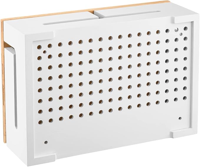 Bamboo Cable Management Box with Magnetic Lid & Ties - Elegant, Durable Cable Organizer to Hide Cords & Power Strip - Wall Mountable Box Hider for Home, Office, Desk & More (White)