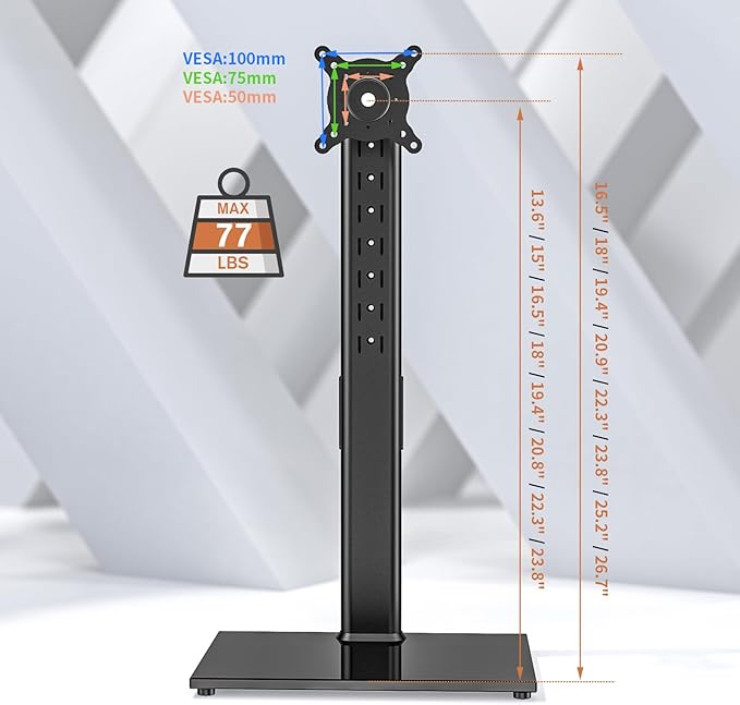 Single Monitor Stand Freestanding 27-43 Inch Monitor Arm Curved Screen Monitor Mount Tempered Glass Base Adjustable Motion Tilt -15° to 10° Swivel ±45° Rotation 360° Weight Capacity 77lbs HT05B-003