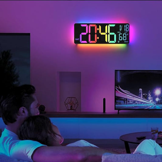 Digital Wall Clock Large Display, 13" Large Digital Wall Clock with RGB Color Remote Control, Automatic Brightness Dimmer Big Clock with Night Lights, Auto DST, Date Week,Perfect for Gift