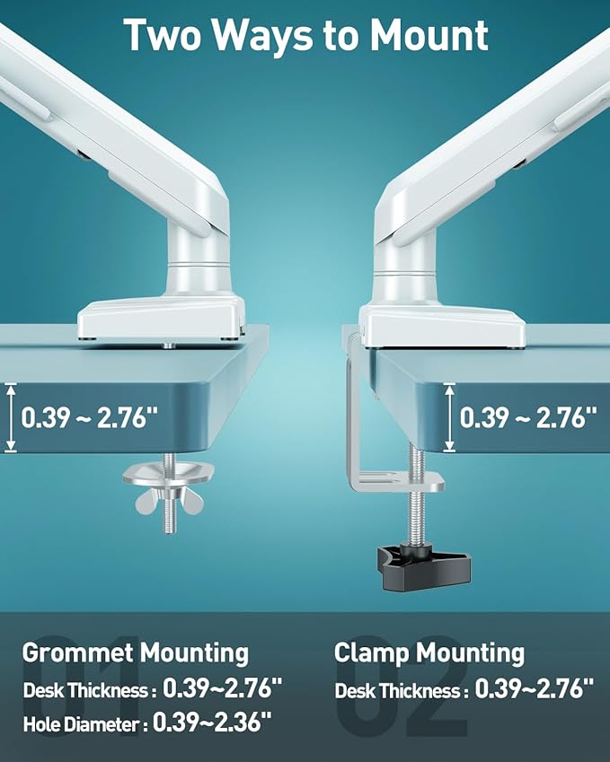 Single Monitor Desk Mount, 13-32 inch Adjustable Gas Spring Monitor Arm, Computer Monitor Stand Holder with Clamp and Grommet Base, Fits 4.4 to 22lbs Screens, VESA Mount Bracket, White, Freelift Pro