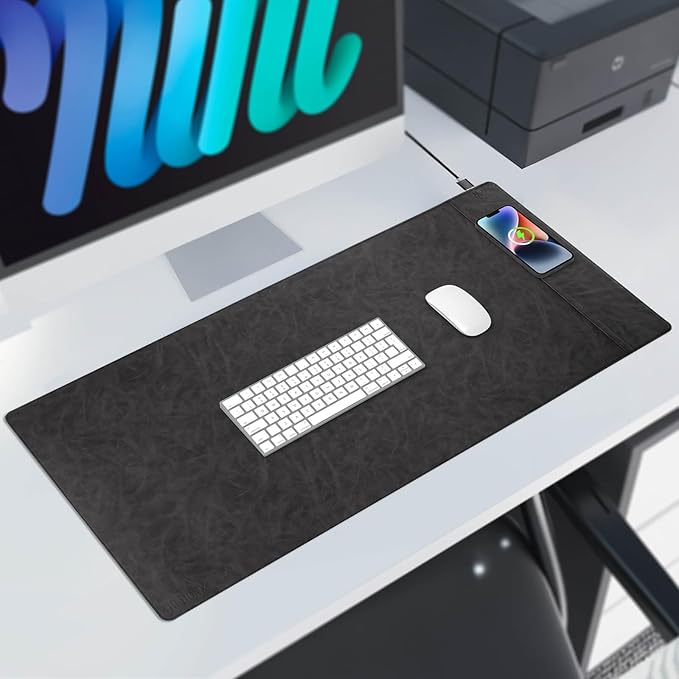 Magnetic Wireless Charging Desk Pad, Office Desk Mat with Wireless Charger, Waterproof and Scratch-Resistant Large Mouse Mat, Microfiber Leather Mouse Pad for Office and Home Use,Grey Color