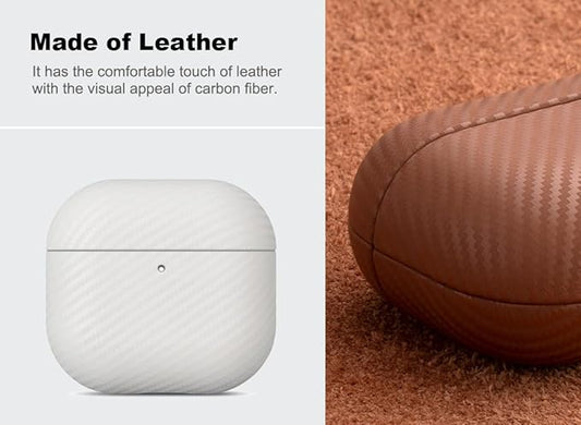 Leather Case - for AirPods 4 / AirPods 4 with Active Noise Cancellation Case Cover - Selected Skin-Friendly Leather, with Carbon Fibre Texture, Handmade Drop Protective Hard Cover - White