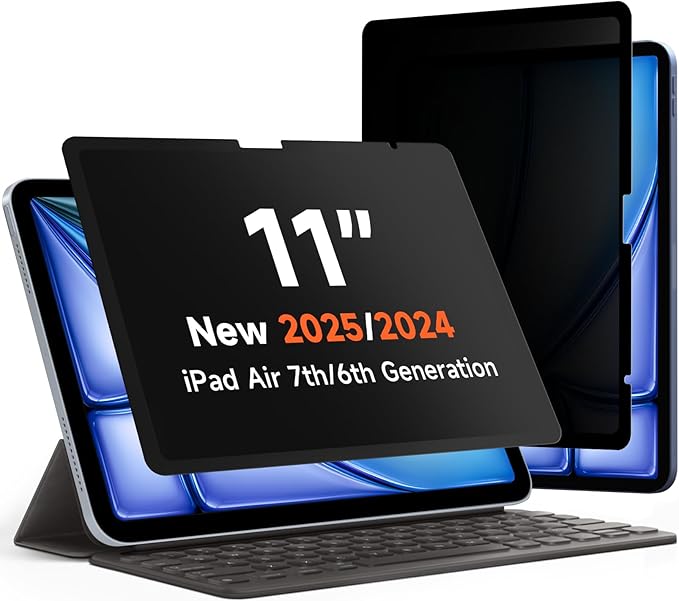 Upgrade 360° Privacy Screen Protector for iPad Air 11 inch M3 2025 & M2 2024, (iPad Air 7th/6th Generation), Magicsuction 4-Way Anti Spy Glare Blue Light Filter (Landscape+Portrait Privacy), Bubble Free/Reusable