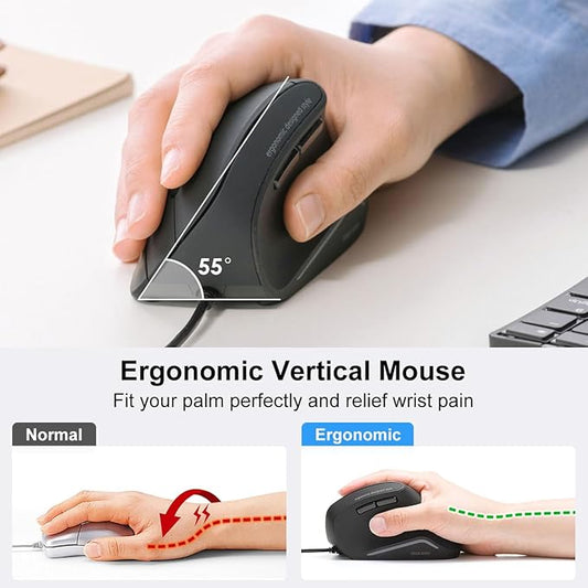 SANWA Wired Ergonomic Mouse, Silent Click, Vertical Computer Mice, 3 Programmable Buttons, Optical Ergo Mouse, Reduce Wrist Strain, 1000/1600 DPI, Compatible wtih Mac, Windows, Laptop, PC