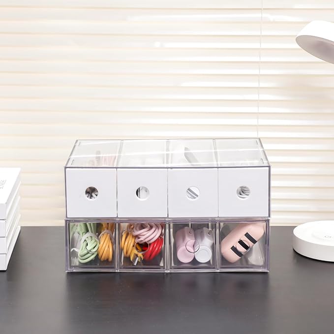 Yesesion 2 Pack Plastic Cord Organizer Drawers, Cable Storage Box with 40pcs of Wire Ties, Large Electronics Management Display Case for Desk Accessories, Office Supplies, USB, data Cable (White)