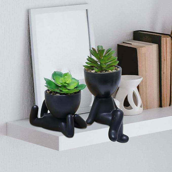 Zerzsy 3 PCS Cute Artificial Succulent Plants with Creative Human Shaped Pots, Mini Potted Plants, Faux Succulent Desk Decor for Home Office Shelf Decor (Matte Black)