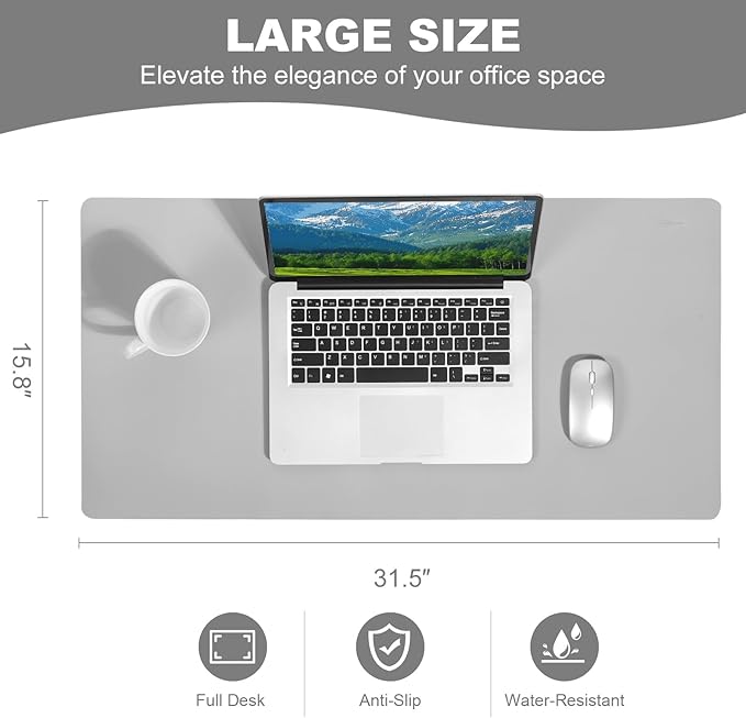 Leather Desk Mat Mouse Pad Large Non-Slip Surface Office Home Desk Accessories Supplies Decor for Keyboard Computer Laptop Writing Table Protector (Light Gray)